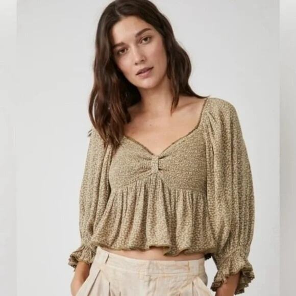 FREE PEOPLE Top Womens M Green Cropped Peasant Prairie Boho Festival - Picture 7 of 10